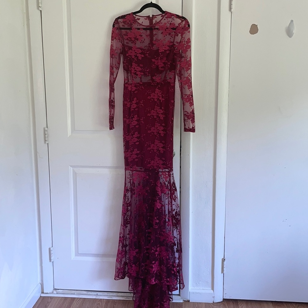 Red floral mesh long sleeve dress